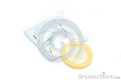 A Picture of an regular condom isolated on a white background. Stock Photo