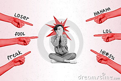 Picture retro pop collage template of scared woman try ignore hate speech people stop bullying concept Stock Photo