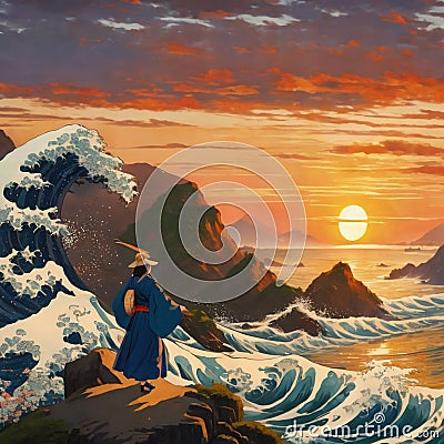 Samurai looking at Sunset with large waves Stock Photo