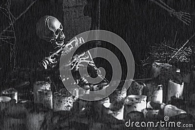 Halloween holiday, scary human skeleton in the cemetery at night among burnt melted candles Cartoon Illustration