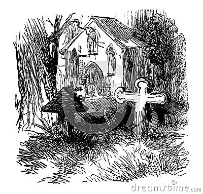 Graveyard and Church vintage illustration Vector Illustration