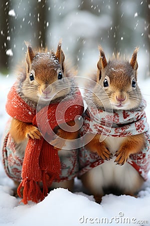 Picture a serene snowy morning where cute squirrels, donning tiny scarves, stand on pristine snow. Stock Photo
