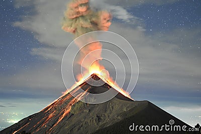 Volcano Fuego eruption with stars in Guatemala, captured from the top of the Acatenango Stock Photo