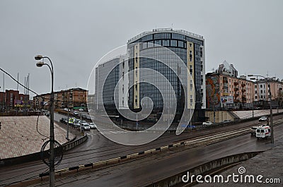 A building with glasses front from above Stock Photo