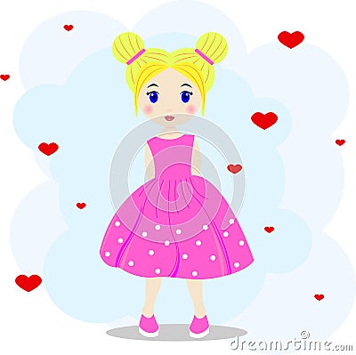 Little cute blonde girl in a pink dress with white polka dots Vector Illustration