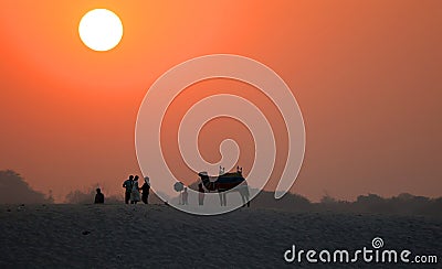 Picture of silhouette of people and camel at the sunrise in Ganges River Editorial Stock Photo