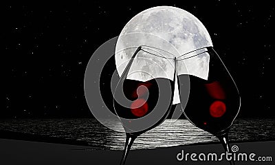 Picture of Silhouette Red Wine in a clear glass to celebrate the Full Moon. There is a reflection on the river or sea. The sky is Stock Photo