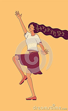 Smiling woman character with music notes in hair on yellow Vector Illustration