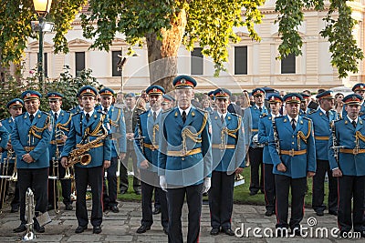 Serbian Army Band in formal uniform and position waiting to perform during a ceremony in the Belgrade French Embassy. Editorial Stock Photo