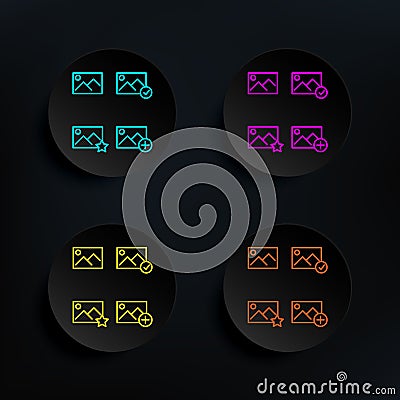 Picture, star, plus, check sign dark badge color set icon. Simple thin line, outline vector of web icons for ui and ux, website or Stock Photo