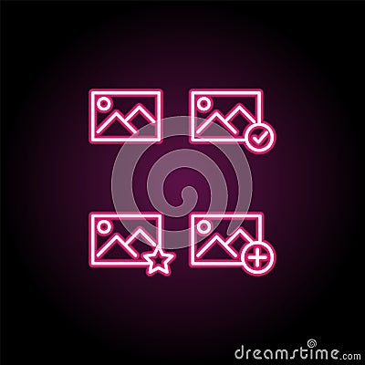 Picture, star, plus, check sign neon icon. Simple thin line, outline vector of web icons for ui and ux, website or mobile Stock Photo