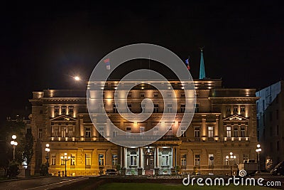 Main facade of stari Dvor, the City Hall of Belgrade, also called skupstina, at night. It is the seat of the municipal Stock Photo