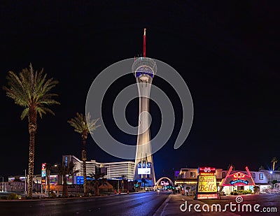 The STRAT Hotel, Casino and SkyPod, Las Vegas Boulevard Gateway Arches and Chapel of the Bells at Night Editorial Stock Photo