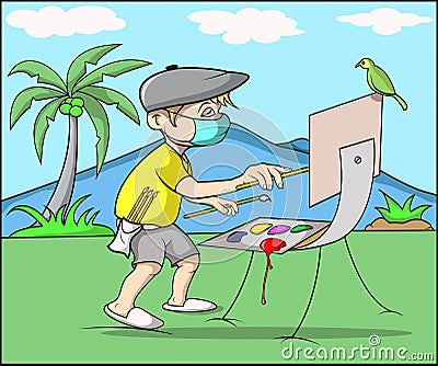 A child is painting outside the house Stock Photo