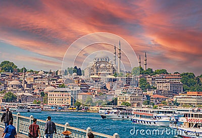 Picture of the Sultan Ahmed Mosque from the Galata Bridge in the evening glow Editorial Stock Photo