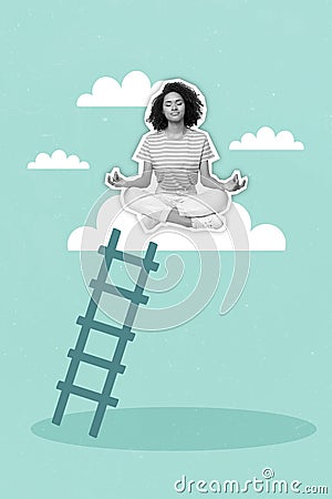 Picture surreal magazine collage of peaceful young lady meditate reach high level calmness special breathing yoga Stock Photo