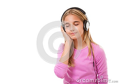 Picture of teenage lovely girl with headphones listening music,isolated Stock Photo