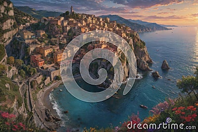 picture of a town on a cliff by the ocean Stock Photo