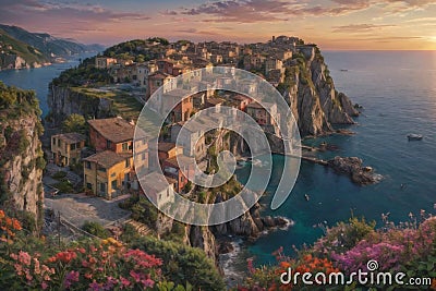 picture of a town on a cliff by the ocean Stock Photo