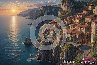 picture of a town on a cliff by the ocean Stock Photo