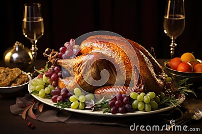 A picture of a turkey sitting on a platter surrounded by grapes and crackers, A roasted turkey with stuffing on a Thanksgiving Stock Photo