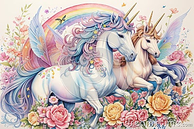 Abstract drawing of unicorns, fairies and rainbows in a watercolor detailed styles background Stock Photo