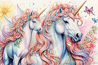 Abstract drawing of unicorns, fairies and rainbows in a watercolor detailed styles background Stock Photo