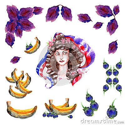 Picture of a watercolor girl with a red violet blue ribbon hairstyle curls bananas purple leaves vegetation nature blueberry and b Stock Photo