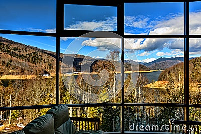 picture window with a view of mountain lake Stock Photo