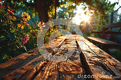 The picture of the wood table in the middle of the forest in a daytime. AIGX03. Stock Photo