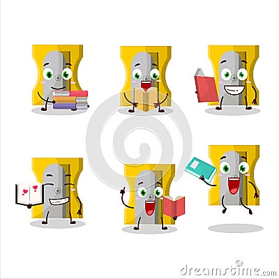 A picture of yellow pencil sharpener cartoon character concept reading an amusing book Cartoon Illustration