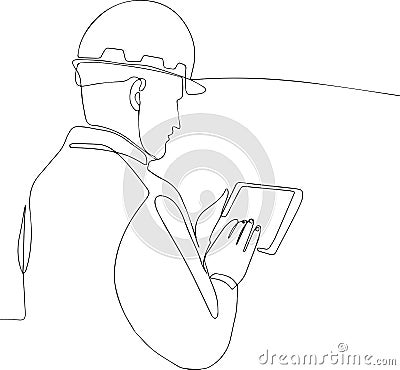 Picture of young focused male manager standing in factory and holding digital tablet Vector Illustration
