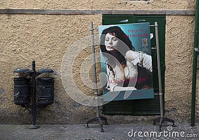 Advertisement for a private photo exhibition featuring Sophia Loren in Sorrento, Italy Editorial Stock Photo