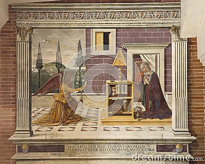 The Annunciation by Sebastiano Mainardi in 1482 in the Collegiata di Santa Maria Assunta in San Gimgnano, Italy. Editorial Stock Photo