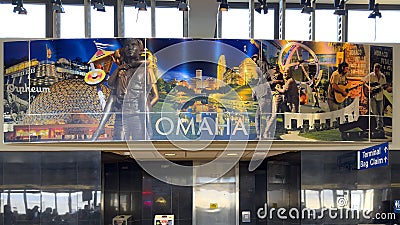 Art piece in Eppley Aiport in Omaha Nebraska featuring many cultural icons of Omaha. Cartoon Illustration