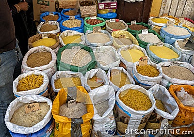 Pastas and rice for sale in the Medina Souk in Meknes, Morocco. Stock Photo