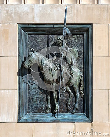 South facade of Dickies Arena with bas-relief sculpture of a Comanche Indian by Buckeye Blake in Will Rogers Memorial Center. Editorial Stock Photo