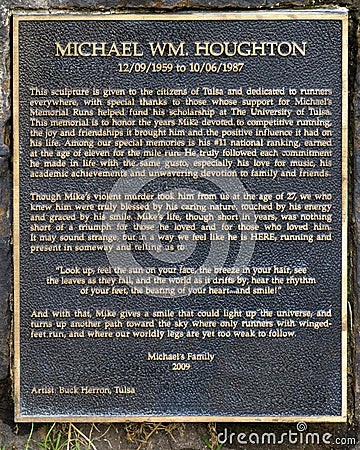 Information plaque on the bronze memorial sculpture of Michael William Houghton along the Tulsa River Trail in Tulsa, Oklahoma. Editorial Stock Photo
