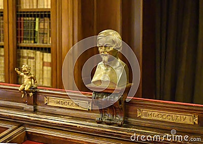 Bronze bust of Cardinal Federico Borromeo inside The Biblioteca Ambrosiana in Milan, Italy Stock Photo