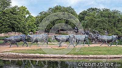 Bronze cowboy on horseback with steers in the foreground in the Pioneer Plaza, Dallas, Texas. Editorial Stock Photo