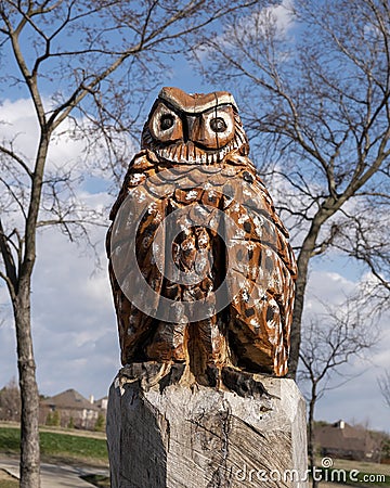 Carved wooden owl at The Hideout in Allen, Texas. Stock Photo