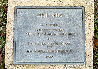 Information plaque for `Mule Deer` by A. Durenne in Turtle Creek Park in Dallas, Texas Editorial Stock Photo