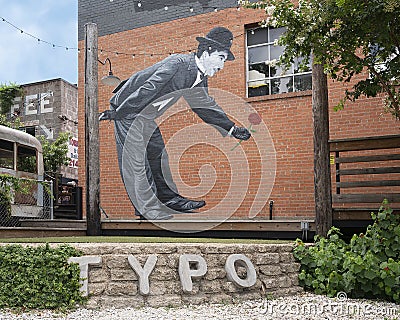 Charlie Chaplin mural by Steve Hunter at TYPO in Oak Cliff, Dallas. Editorial Stock Photo