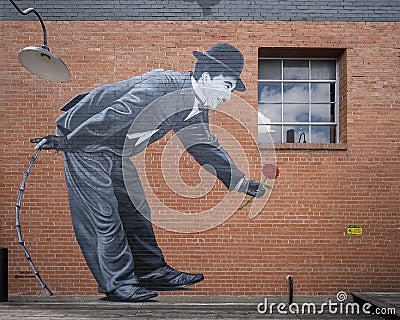 Charlie Chaplin mural by Steve Hunter at TYPO in Oak Cliff, Dallas. Editorial Stock Photo