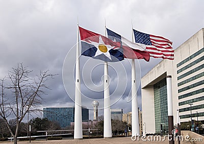 Flags flying in front of Dallas City Hall, seat of municipal government Editorial Stock Photo