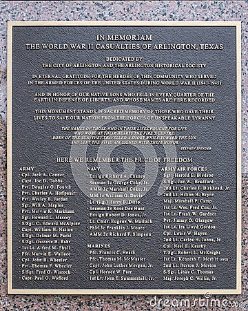 Dedication plaque in memoriam for the World War II casualties of Arlington, Texas. Editorial Stock Photo