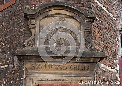 Closeup of the Gable Stone for S. Lucas Gild, Waag House, Amsterdam, The Netherlands Stock Photo