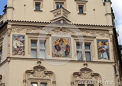 Mosaics on the exterior of The Hotel Paris, Prague, Czech Republic Editorial Stock Photo