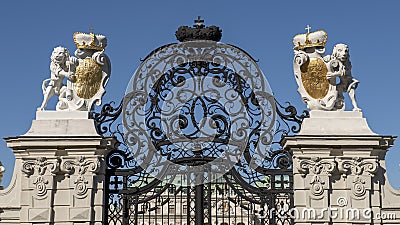 Closeup view elaborate wrought iron gate at entrance to the Upper Belvedere Palace, Vienna, Austria Stock Photo