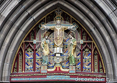 Pictured a closeup view of `Christ in Majesty`, above front door of Saint Mark`s Episcopal Church, Philadelphia, Pennsylvania Stock Photo